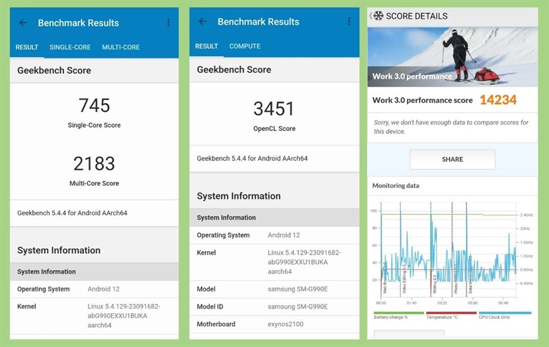 Điểm Geekbench 5 và PC Mark của Samsung Galaxy S21 FE 5G