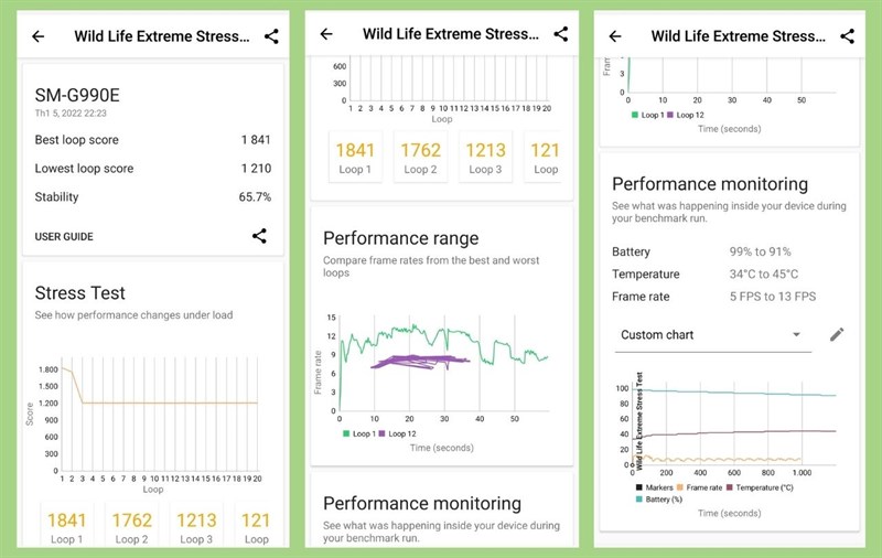 Điểm Wild Life Extreme Stress Test của Galaxy S21 FE 5G.