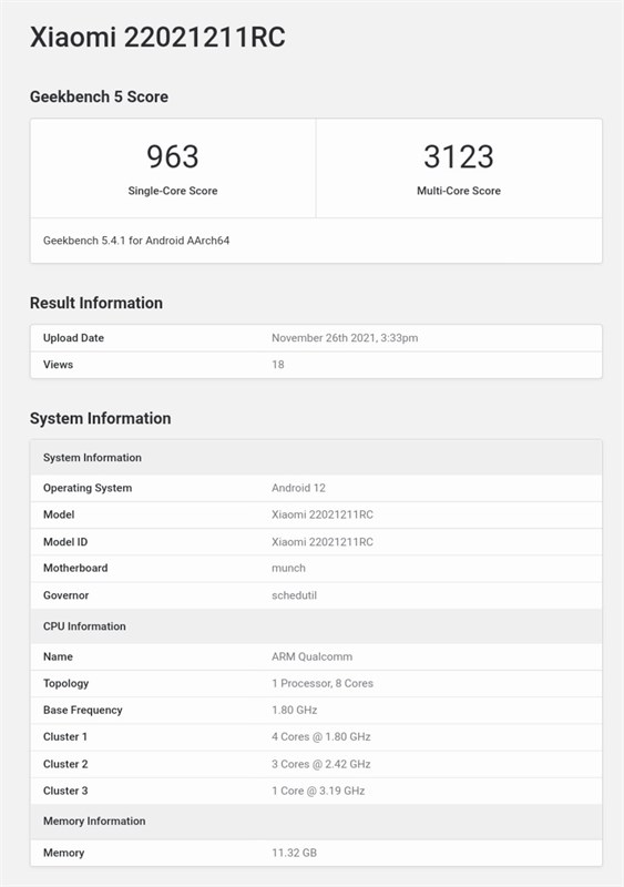 Thông số kỹ thuật của Redmi K50 được phát hiện trên Geekbench Thông số kỹ thuật của Redmi K50 được phát hiện trên Geekbench