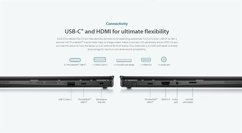 ASUS Chromebook Flip CX5 được trang bị những cổng kết nối cần thiết ASUS Chromebook Flip CX5 được trang bị những cổng kết nối cần thiết