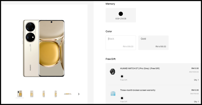 Tại Malaysia, Huawei P50 Pro được mở bán với hai phiên bản màu sắc: Vàng Cocoa và đen Cocoa