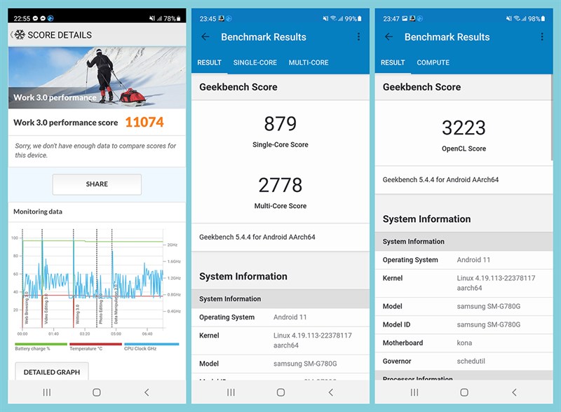 Kết quả bài test hiệu năng của Galaxy S20 FE với phần mềm PCMark (bên trái) và GeekBench 5 (bên phải) Kết quả bài test hiệu năng của Galaxy S20 FE với phần mềm PCMark (bên trái) và GeekBench 5 (bên phải)