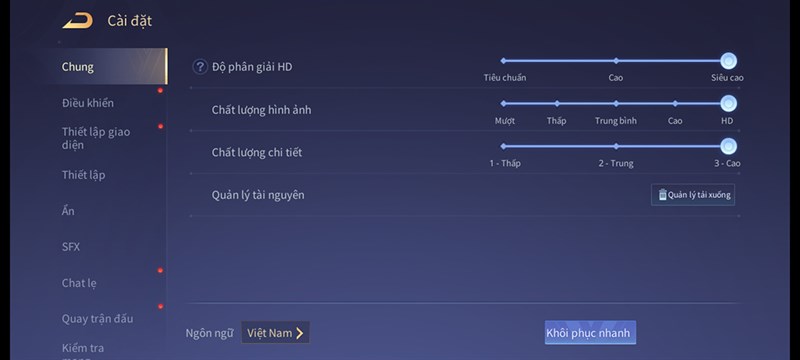 Thiết lập đồ hoạ tựa game Liên Quân Mobile để test pin Galaxy S20 FE Thiết lập đồ hoạ tựa game Liên Quân Mobile để test pin Galaxy S20 FE