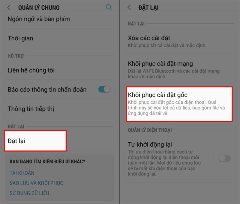 Khôi phục lại cài đặt gốc của điện thoại Android