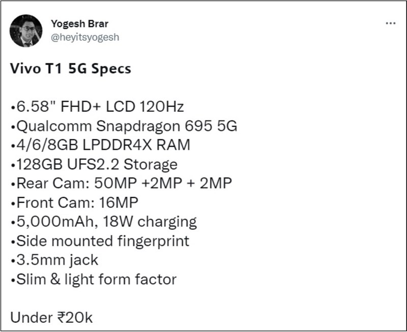 Rò rỉ thông số kỹ thuật Vivo T1 5G bản quốc tế, khác so với bản nội địa Rò rỉ thông số kỹ thuật Vivo T1 5G bản quốc tế, khác so với bản nội địa