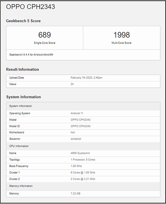 OPPO Reno7 Z 5G xuất hiện trên Geekbench với bộ vi xử lý Snapdragon