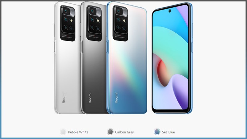 Redmi 10 2022 có ba phiên bản màu sắc: Pebble White, Carbon Gray, Sea Blue Redmi 10 2022 có ba phiên bản màu sắc: Pebble White, Carbon Gray, Sea Blue
