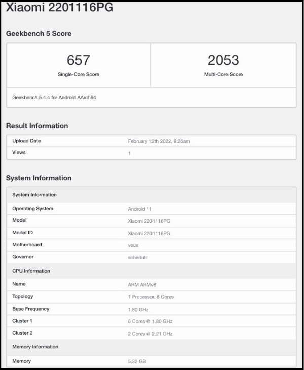 Xiaomi 2201116PG xuất hiện trên Geekbench được cho là tên mã của POCO X4 5G