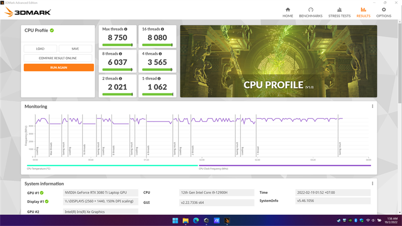 Kết quả bài test với phần mềm 3DMARK CPU Profile trên ROG Strix SCAR 17. Nguồn: ASUS. Kết quả bài test với phần mềm 3DMARK CPU Profile trên ROG Strix SCAR 17. Nguồn: ASUS.