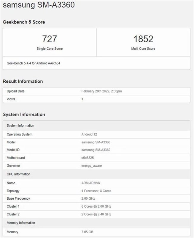 Galaxy A33 5G với Exynos 1200, RAM 8GB lộ diện trên Geekbench, dự kiến sẽ sớm ra mắt Galaxy A33 5G với Exynos 1200, RAM 8GB lộ diện trên Geekbench, dự kiến sẽ sớm ra mắt
