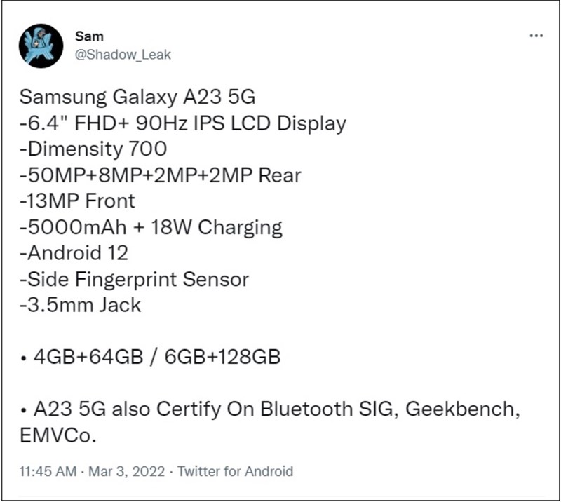 Thông số kỹ thuật Galaxy A23 5G bị rò rỉ, có vẻ sắp ra mắt Thông số kỹ thuật Galaxy A23 5G bị rò rỉ, có vẻ sắp ra mắt
