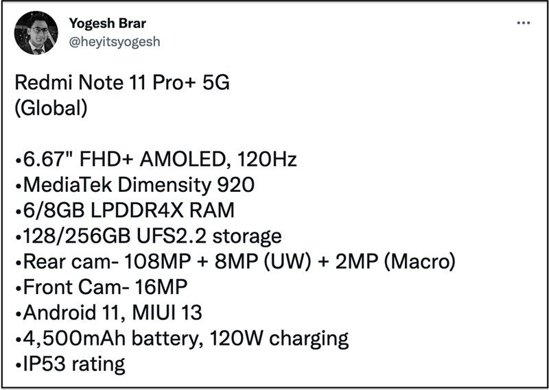 Cấu hình Redmi Note 11 Pro+ phiên bản toàn cầu được leaker nổi tiếng chia sẻ Cấu hình Redmi Note 11 Pro+ phiên bản toàn cầu được leaker nổi tiếng chia sẻ