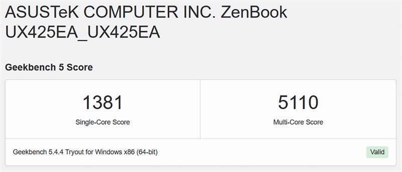 Điểm số GeekBench 5 của ASUS ZenBook 14 UX425EA.