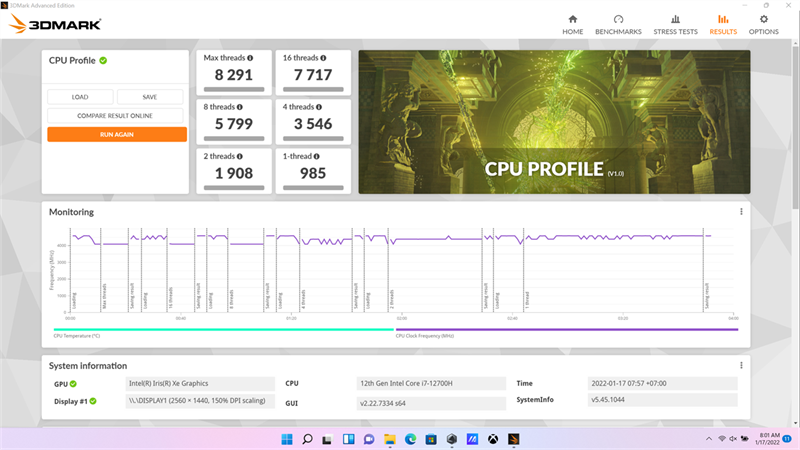 Kết quả bài test hiệu năng của Strix SCAR 15 với phần mềm 3D Mark - CPU. Nguồn: ASUS.