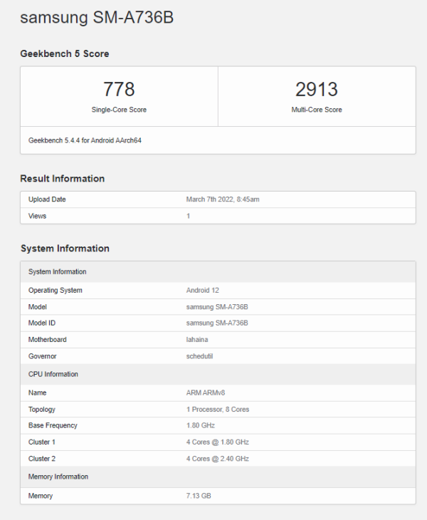 Chiếc smartphone có số model SM-A736B xuất hiện trên Geekbench được cho là Galaxy A73