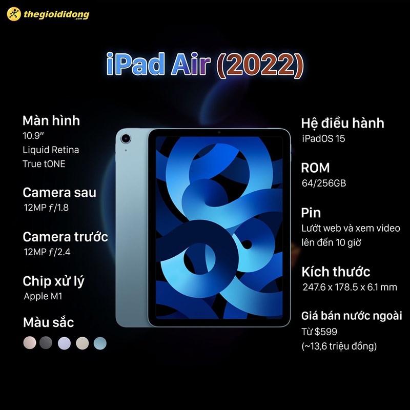 iPad Air 2022 được ra mắt với chip M1, giá 13.7 triệu đồng iPad Air 2022 được ra mắt với chip M1, giá 13.7 triệu đồng