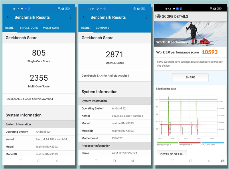 Kết quả bài test hiệu năng với phần mềm GeekBench 5 (bên trái) và PCMark (bên phải) trên Realme 9 Pro+. Kết quả bài test hiệu năng với phần mềm GeekBench 5 (bên trái) và PCMark (bên phải) trên Realme 9 Pro+.