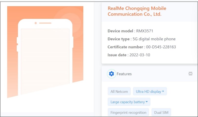 Toàn bộ cấu hình Realme RMX3571 được tiết lộ trên trang TENAA Toàn bộ cấu hình Realme RMX3571 được tiết lộ trên trang TENAA