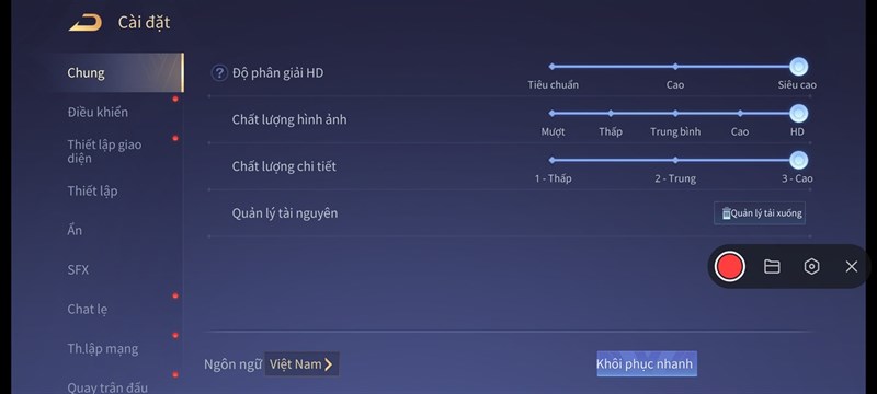 Thiết lập đồ hoạ tựa game Liên Quân Mobile mình chỉnh để test pin Xiaomi 12 Pro.