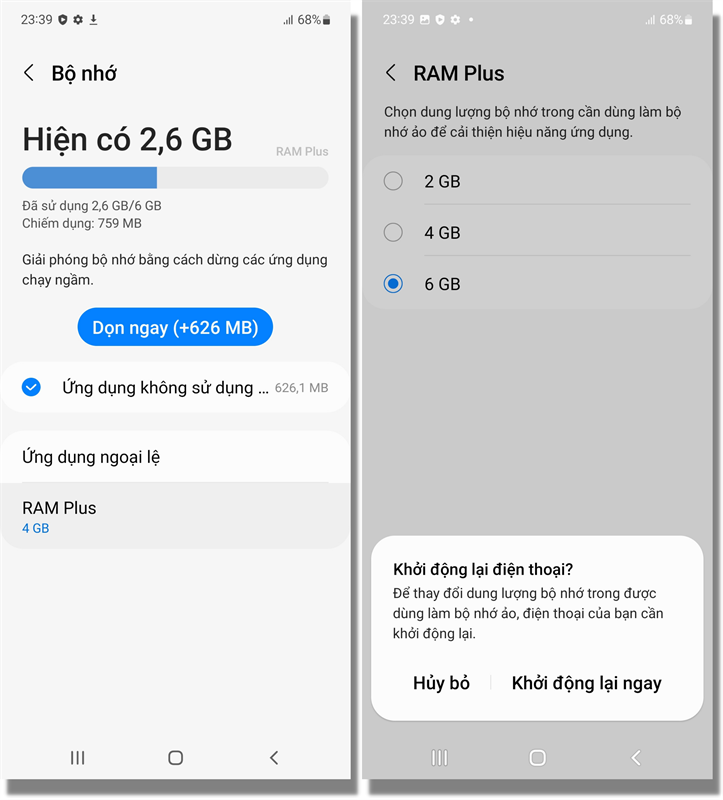 Tính năng RAM Plus trên Galaxy A53 5G, mỗi lần cộng RAM thì bạn sẽ phải khởi động lại máy để có hiệu lực.