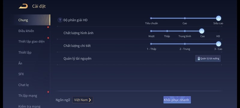 Thiết lập đồ hoạ tựa game Liên Quân Mobile để thực hiện bài test pin trên Galaxy A53 5G.