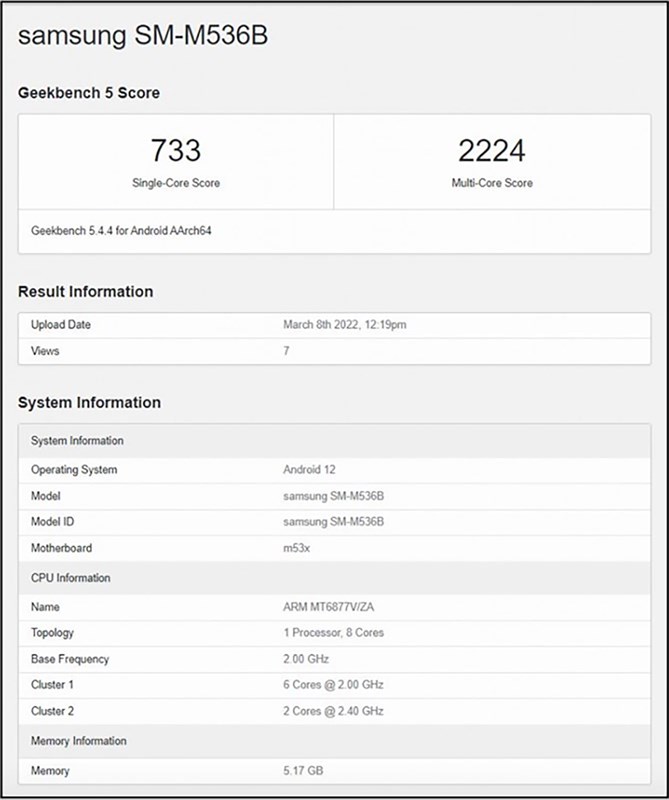 Galaxy M53 5G được tìm thấy trên Geekbench. Nguồn: GSMArena.