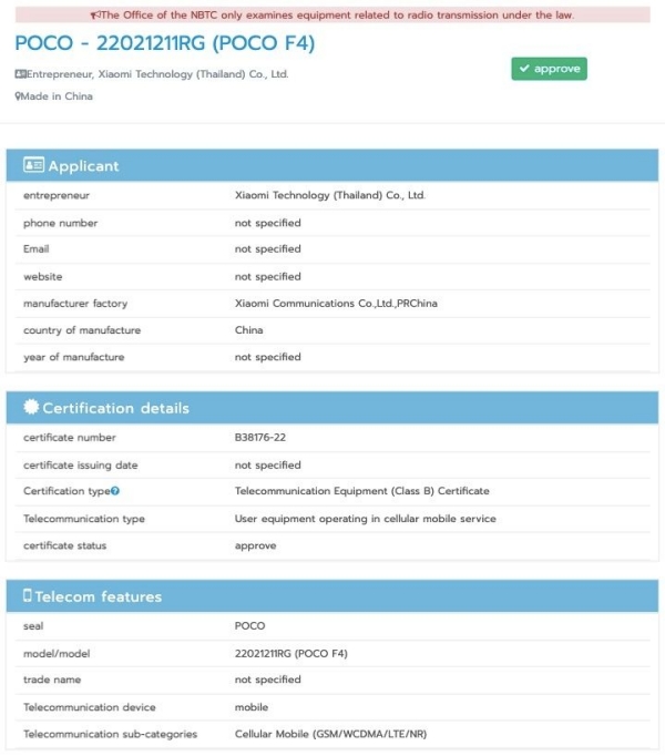 POCO F4 5G (số model 22021211RG) được NBTC chứng nhận