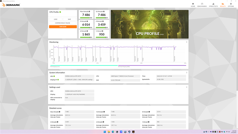 Kết quả bài test 3DMark - CPU Profile trên ROG Strix GA35 G35DX. Kết quả bài test 3DMark - CPU Profile trên ROG Strix GA35 G35DX.