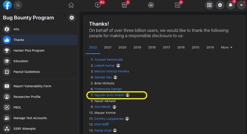 Facebook ghi nhận Nguyễn Quốc Khánh đứng thứ 7 trong danh sách Bug Bounty Program năm 2022.