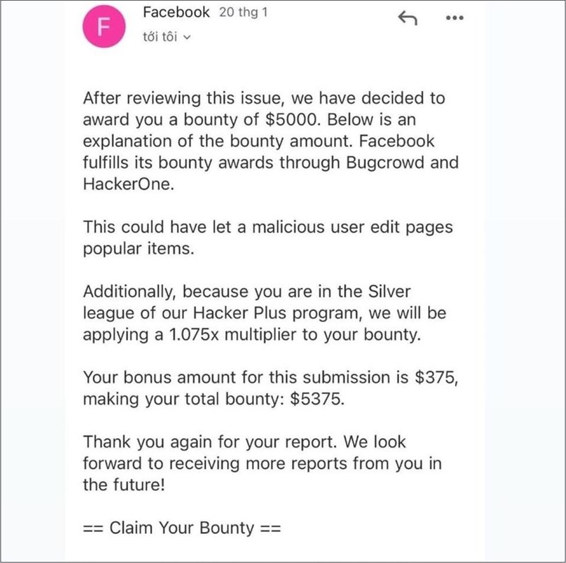Email từ Facebook thông báo trao thưởng cho những lỗi bảo mật được anh phát hiện