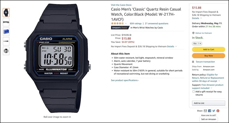 Mẫu đồng hồ Casio mã model W-217H-1AVCF