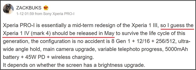 Leaker nổi tiếng cũng đã tiết lộ ngày ra mắt của Sony Xperia 1 IV