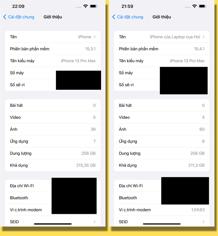 iPhone 13 Pro Max của mình trước đó chạy iOS 15.3.1 (bên trái) và sau đó thì mình có cập nhật iOS 15.4.1 (bên phải). iPhone 13 Pro Max của mình trước đó chạy iOS 15.3.1 (bên trái) và sau đó thì mình có cập nhật iOS 15.4.1 (bên phải).