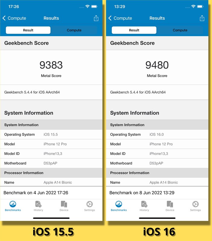 So sánh điểm GeekBench 5 (Compute) của iPhone 12 Pro chạy iOS 15.5 (bên trái) và iOS 16 Beta 1 (bên phải).