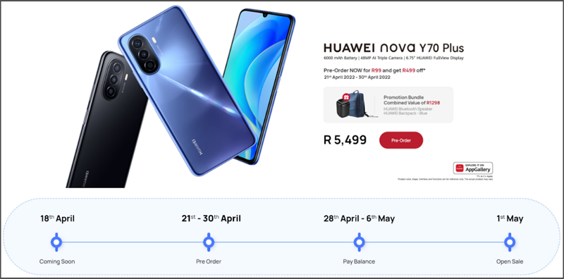 Chương trình đặt mua trước Huawei Nova Y70 Plus ở Nam Phi