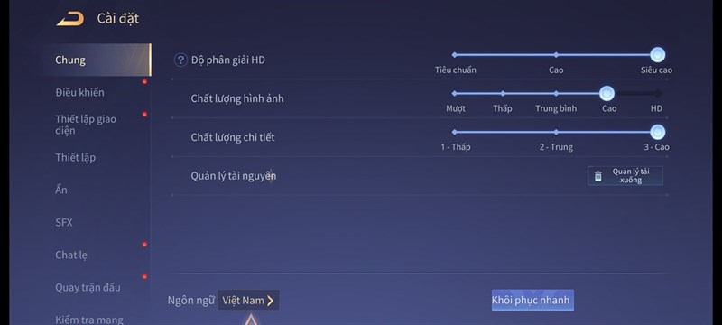 Thiết lập đồ họa trong game Liên Quân mà mình chỉnh để test pin Redmi Note 11S 5G