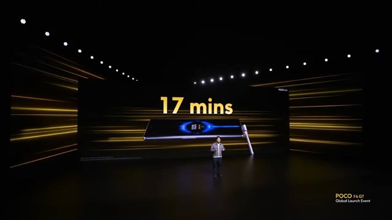 POCO F4 GT chỉ cần 17 phút để sạc đầy máy trong điều kiện bình thường. POCO F4 GT chỉ cần 17 phút để sạc đầy máy trong điều kiện bình thường.