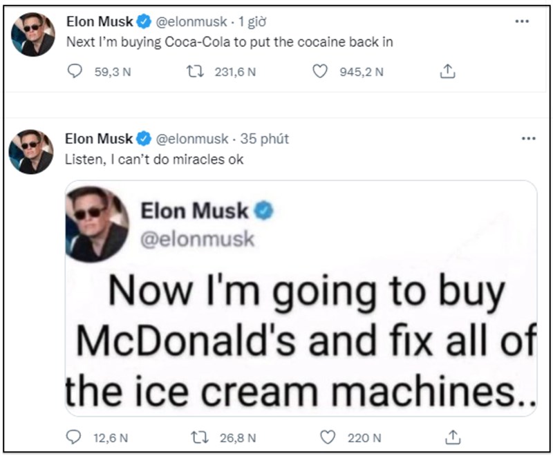 Hình ảnh các dòng tweet của Elon Musk