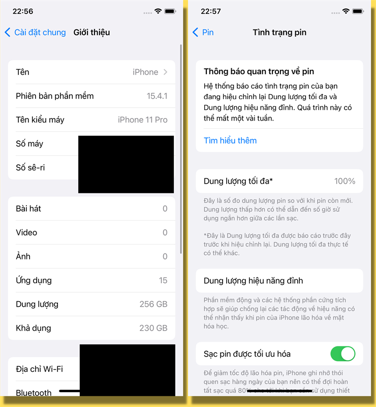 Tình trạng pin iPhone 11 Pro của mình là 100% bởi vì mình đã từng thay pin cho máy 1 lần rồi.