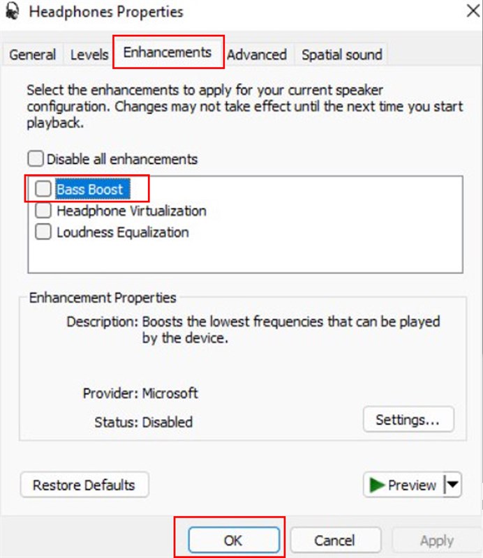 Cách bật tính năng Bass Boost trên Windows 11