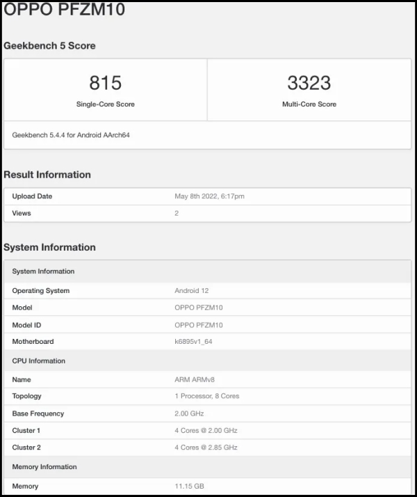 OPPO PFZM10 lộ cấu hình và điểm hiệu năng trên Geekbench