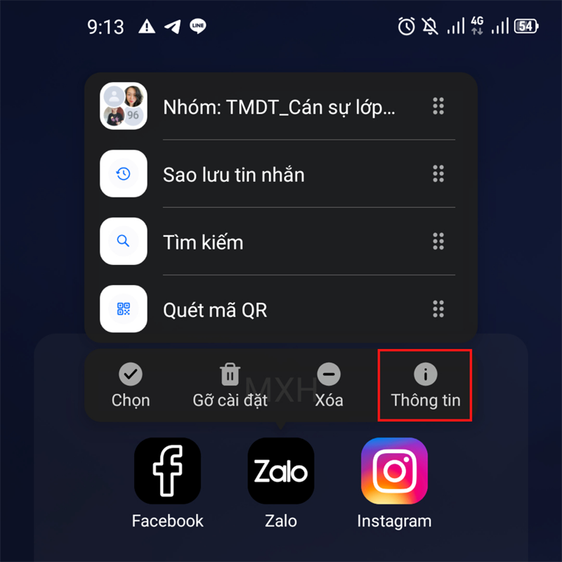 Nhấn giữ biểu tượng Zalo và chọn Thông tin.