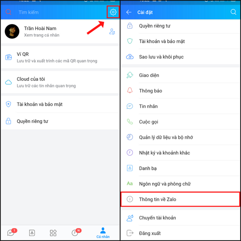 Cài đặt > Thông tin về Zalo.