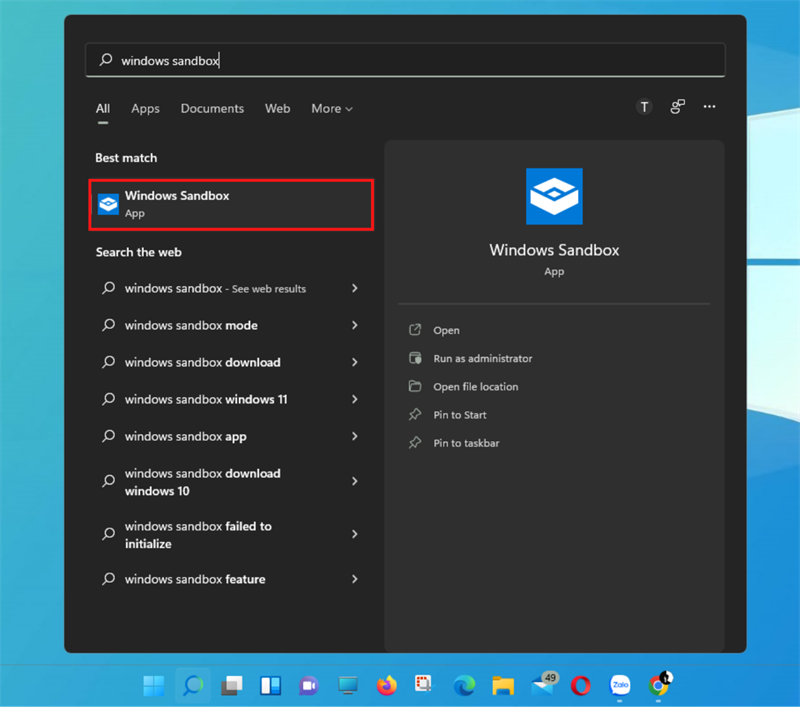 Tìm kiếm trong Windows Search với từ khóa Windows Sanbox và mở nó lên Tìm kiếm trong Windows Search với từ khóa Windows Sanbox và mở nó lên