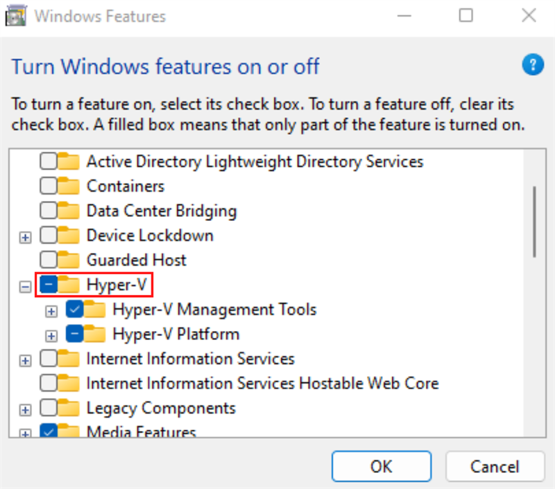 Tìm và tích vào ô Hyper-V. Tìm và tích vào ô Hyper-V.