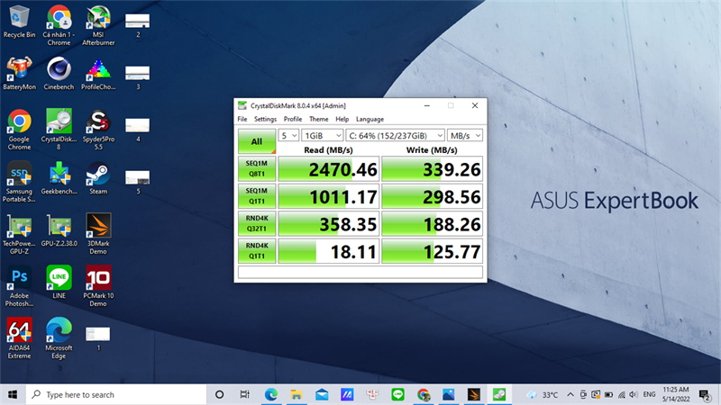 Sử dụng phần mềm Crystal Diskmark để đo tốc độ đọc/ghi của ổ cứng SSD bên trong ASUS ExpertBook P2451F. Sử dụng phần mềm Crystal Diskmark để đo tốc độ đọc/ghi của ổ cứng SSD bên trong ASUS ExpertBook P2451F.