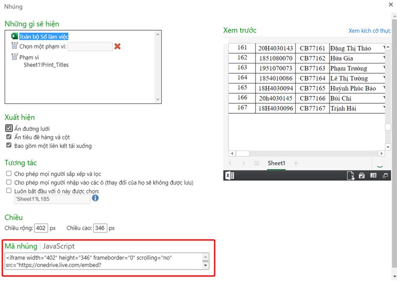 Cách lấy mã nhúng trong bảng tính Excel Cách lấy mã nhúng trong bảng tính Excel