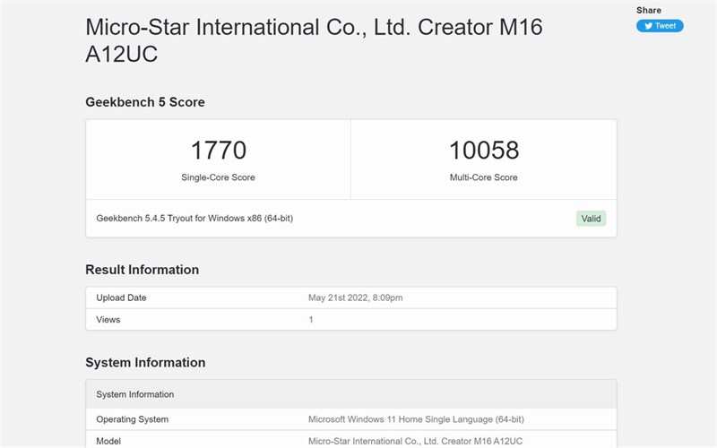 Điểm GeekBench 5 của MSI Creator M16 A12UC.