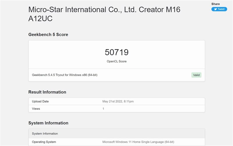 Điểm GeekBench 5 của MSI Creator M16 A12UC.