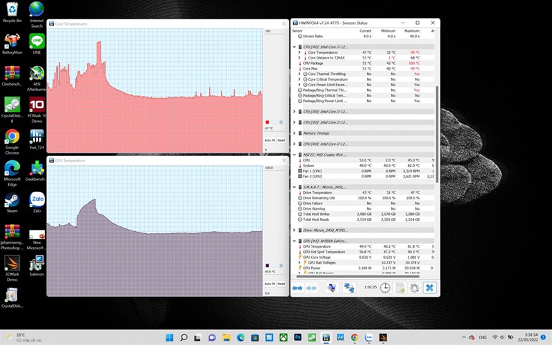 Đo nhiệt độ CPU và GPU của MSI Creator M16 A12UC bằng phần mềm HWiNFO64.